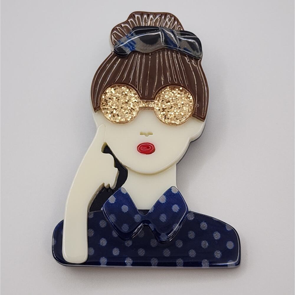 Acrylic Lady Woman Brooch Polka Dot Blouse Bow in Hair Gold Glitter Glasses